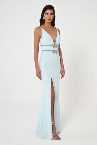 Derin V Yaka Beli İşlemeli Uzun Elbise AÇIK MAVİ - 42