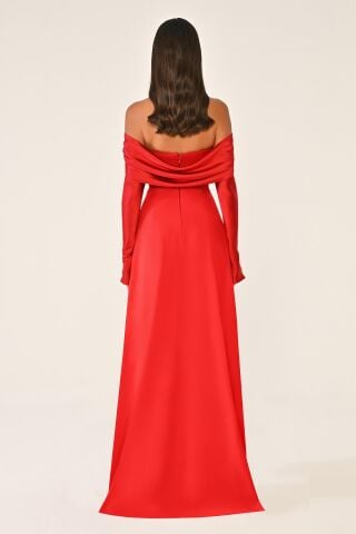 Düşük Omuz Kolları Saten Krep Uzun Elbise Kırmızı - 44
