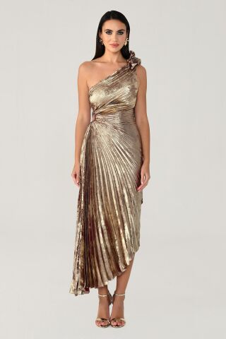 Tek Omuz Piliseli Parlak Kadife Midi Elbise ALTIN / BORDO - 44