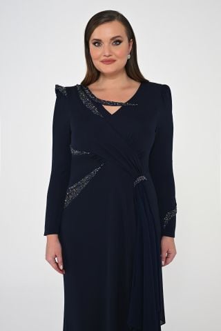 Uzun Kollu İşlemeli Payetli Krep Uzun Elbise