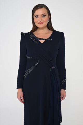 Uzun Kollu İşlemeli Payetli Krep Uzun Elbise