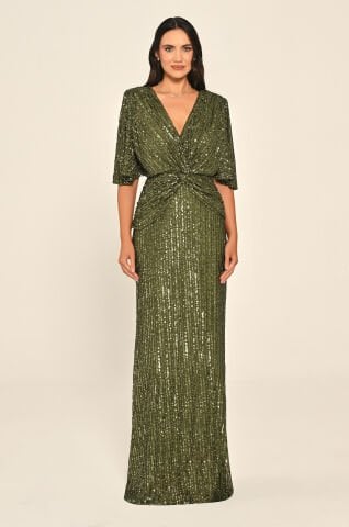 V Yaka Önü Düğüm Detaylı Payet Uzun Elbise