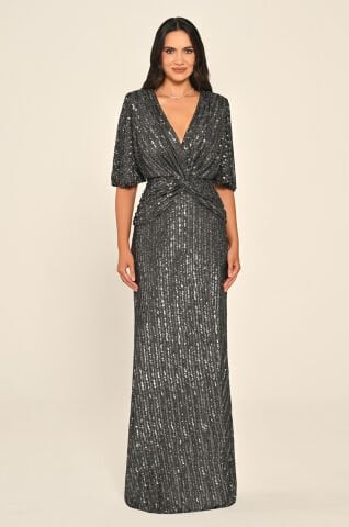 V Yaka Önü Düğüm Detaylı Payet Uzun Elbise