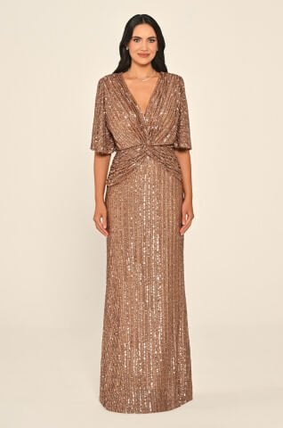 V Yaka Önü Düğüm Detaylı Payet Uzun Elbise