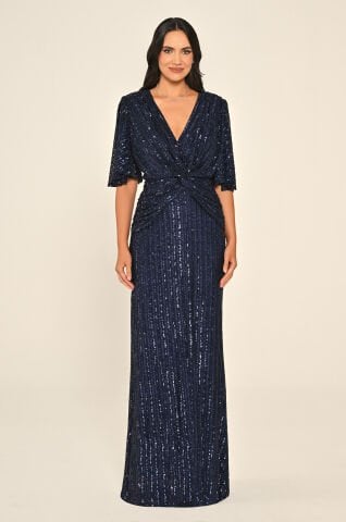 V Yaka Önü Düğüm Detaylı Payet Uzun Elbise