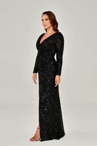 Langärmliges Paillettenkleid mit V-Ausschnitt, Schwarz - 46