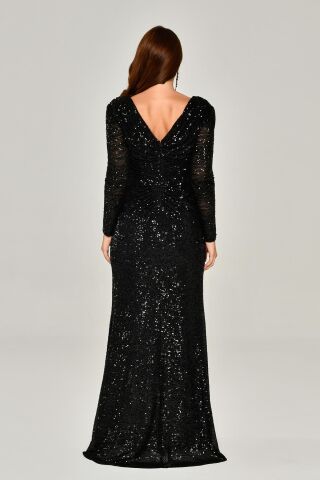 Langärmliges Paillettenkleid mit V-Ausschnitt, Schwarz - 46
