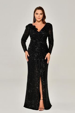 Langärmliges Paillettenkleid mit V-Ausschnitt, Schwarz - 46