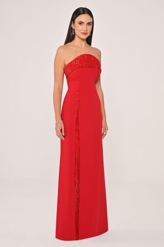 Straplez Göğsü ve Yırtmacı Payetli Krep Uzun Elbise Kırmızı - 44