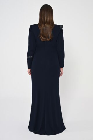 Uzun Kollu İşlemeli Payetli Krep Uzun Elbise Lacivert - 44