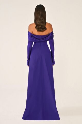 Düşük Omuz Kolları Saten Krep Uzun Elbise Mor - 36