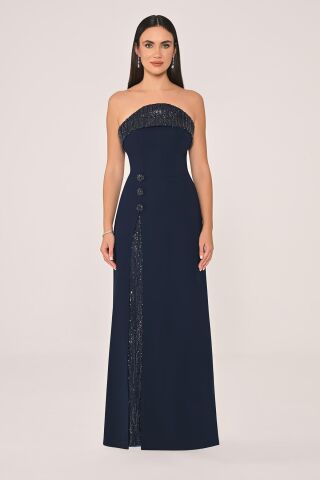 Straplez Göğsü ve Yırtmacı Payetli Krep Uzun Elbise Lacivert - 38