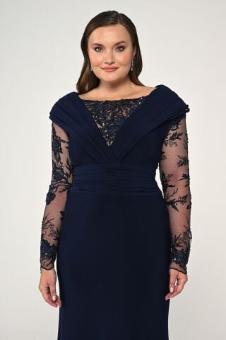 Uzun Boncuklu Tül Kol Krep Uzun Elbise