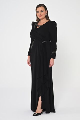 Uzun Kollu İşlemeli Payetli Krep Uzun Elbise Siyah - 42
