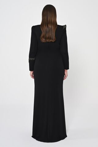 Uzun Kollu İşlemeli Payetli Krep Uzun Elbise Siyah - 42