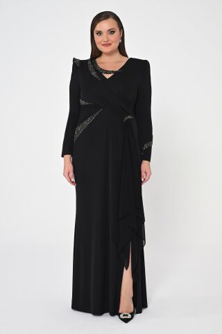 Uzun Kollu İşlemeli Payetli Krep Uzun Elbise Siyah - 44
