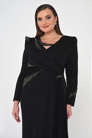 Uzun Kollu İşlemeli Payetli Krep Uzun Elbise Siyah - 44