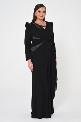 Uzun Kollu İşlemeli Payetli Krep Uzun Elbise Siyah - 44