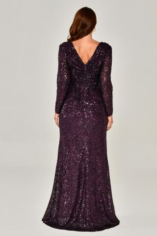 Langärmliges Paillettenkleid mit V-Ausschnitt, Pflaume - 44