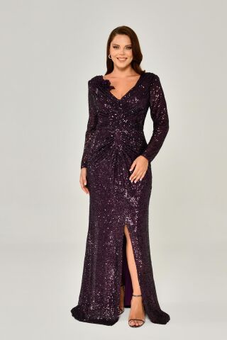 Langärmliges Paillettenkleid mit V-Ausschnitt, Pflaume - 44