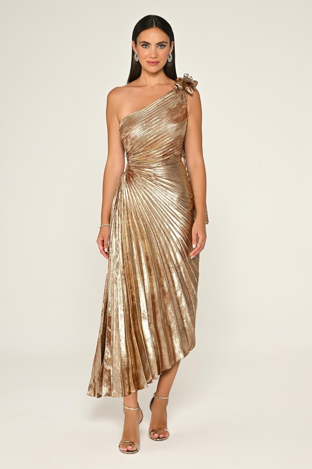 One-Shoulder Plissee Glänzendes Samt Midikleid GOLD / ZIMT - 40
