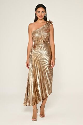 One-Shoulder Plissee Glänzendes Samt Midikleid GOLD / ZIMT - 40