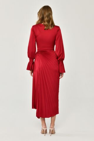 Uzun Kol V Yaka Pliseli Saten Midi Elbise Bordo - 38