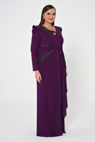 Uzun Kollu İşlemeli Payetli Krep Uzun Elbise Mürdüm - 42