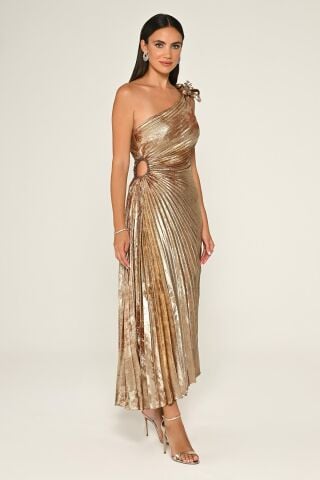 Tek Omuz Piliseli Parlak Kadife Midi Elbise ALTIN / TARÇIN - 44