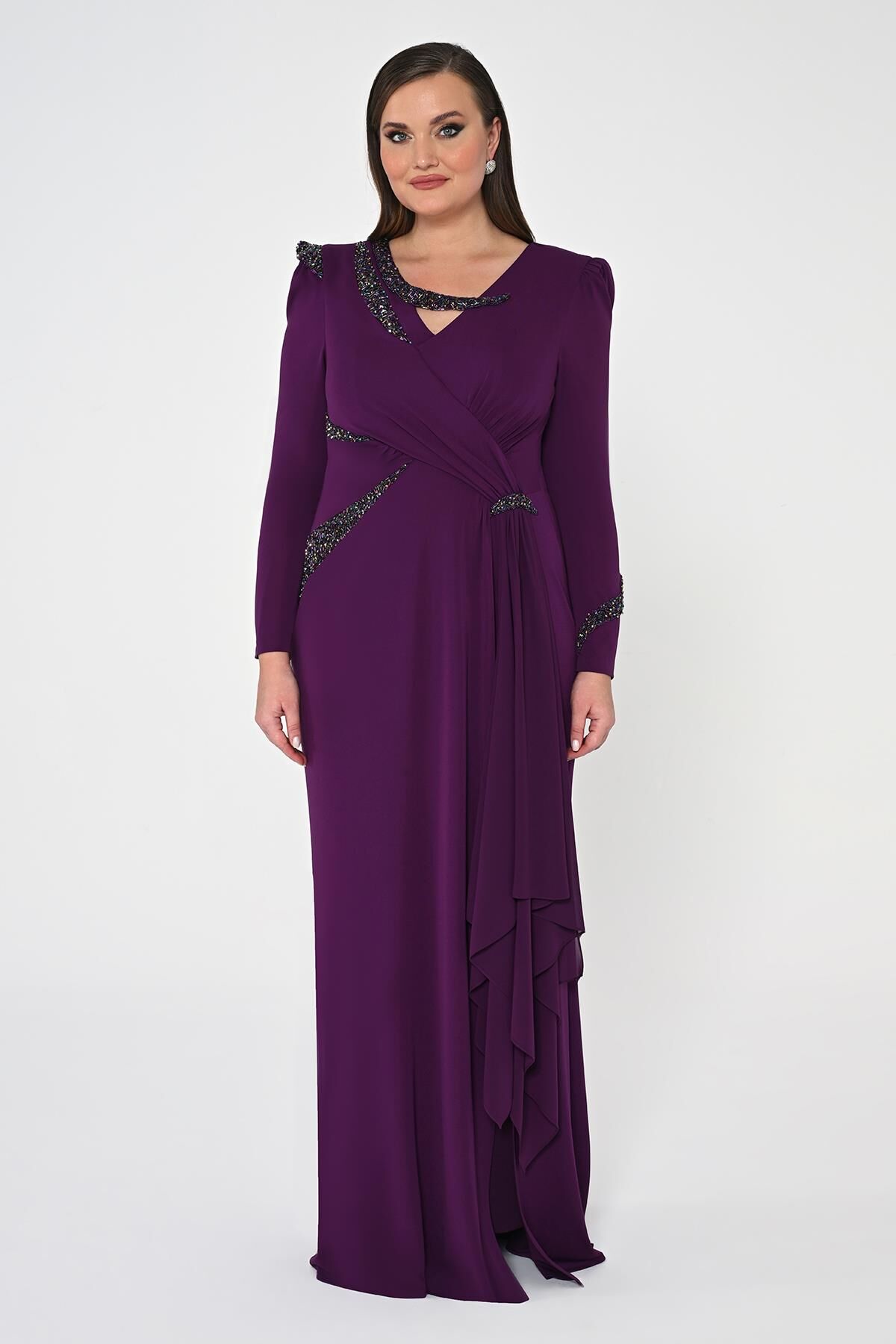 Uzun Kollu İşlemeli Payetli Krep Uzun Elbise Mürdüm - 48