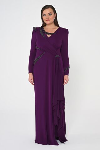 Uzun Kollu İşlemeli Payetli Krep Uzun Elbise Mürdüm - 48