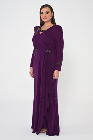 Uzun Kollu İşlemeli Payetli Krep Uzun Elbise Mürdüm - 48