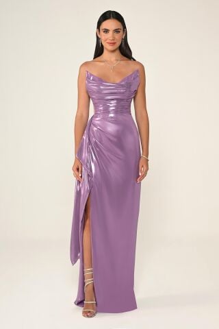 Straplez Parlak Kumaş Yandan Yırtmaçlı Uzun Elbise Lila - 38