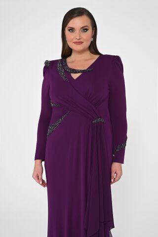 Uzun Kollu İşlemeli Payetli Krep Uzun Elbise Mürdüm - 44