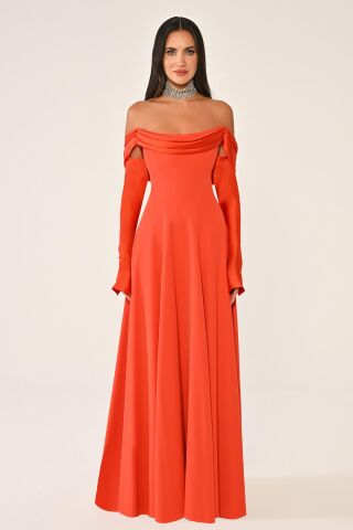 Düşük Omuz Kolları Saten Krep Uzun Elbise ORANGE - 40