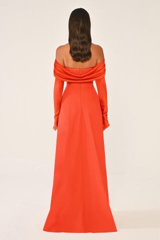 Düşük Omuz Kolları Saten Krep Uzun Elbise ORANGE - 40