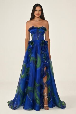 Straplez Korse Bel Çift Yırtmaçlı Fırfırlı Organze Uzun Elbise