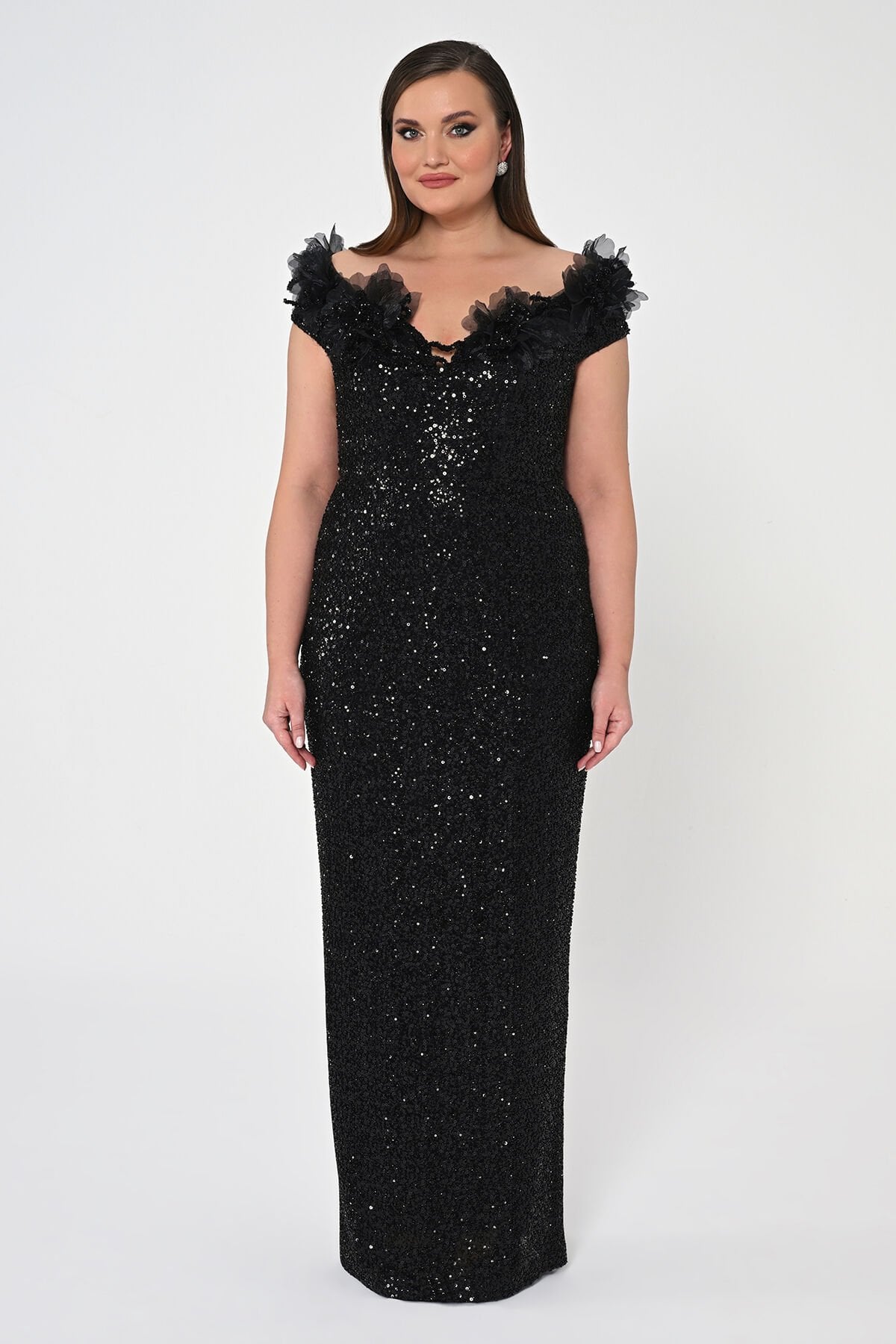 Çiçekli Kayık Yaka Payet Uzun Elbise