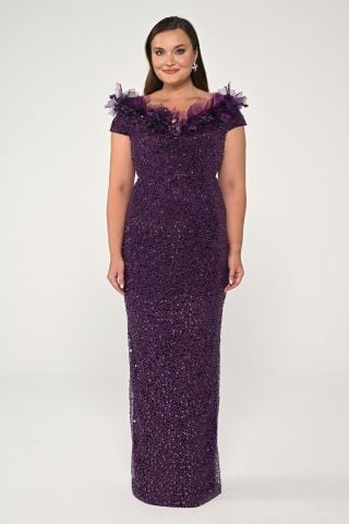 Floral Boat Neck Sequin Long Dress