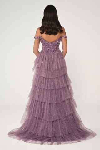 Düşük Omuz Katlı Simli Tül Dantel Etek Uzun Elbise