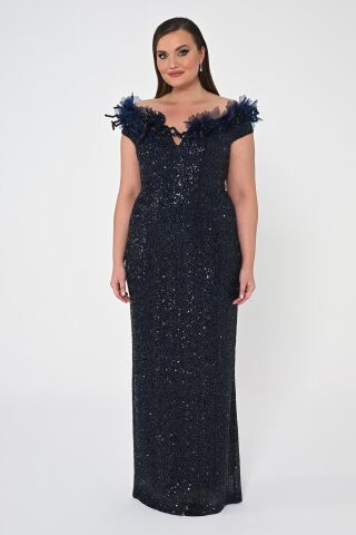 Çiçekli Kayık Yaka Payet Uzun Elbise Lacivert - 42