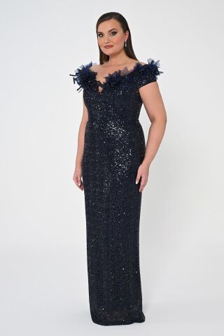 Çiçekli Kayık Yaka Payet Uzun Elbise Lacivert - 42