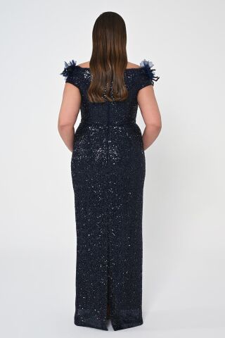 Çiçekli Kayık Yaka Payet Uzun Elbise Lacivert - 42