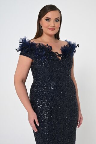 Çiçekli Kayık Yaka Payet Uzun Elbise Lacivert - 44