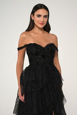 Düşük Omuz Katlı Simli Tül Dantel Etek Uzun Elbise Siyah - 38