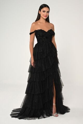 Düşük Omuz Katlı Simli Tül Dantel Etek Uzun Elbise Siyah - 38