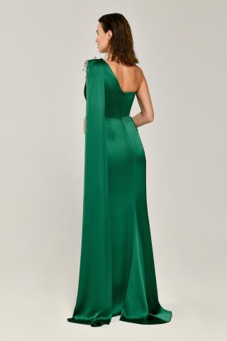 One-Shoulder Brosche Langes Satinkleid Grün - 40