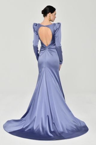 Uzun Kollu Vatkalı Önü Büzgülü Saten Uzun Elbise 44 - MAVİ LİLA