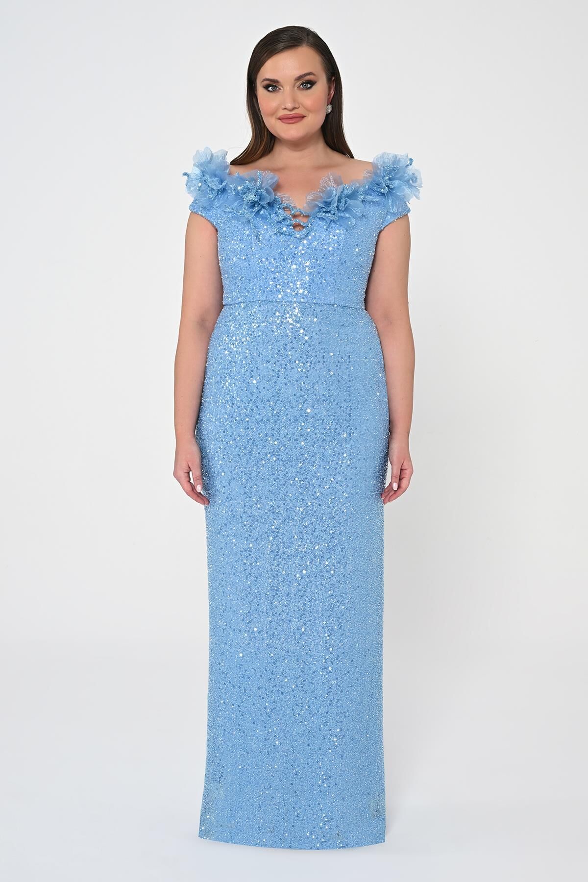 Çiçekli Kayık Yaka Payet Uzun Elbise MAVİ - 42