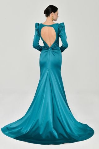 Uzun Kollu Vatkalı Önü Büzgülü Saten Uzun Elbise 36 - TURKUAZ